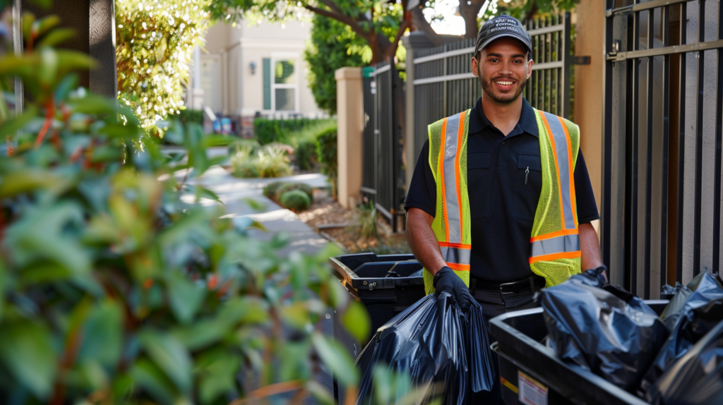 Apartment valet trash worker collecting bins in upscale multifamily community