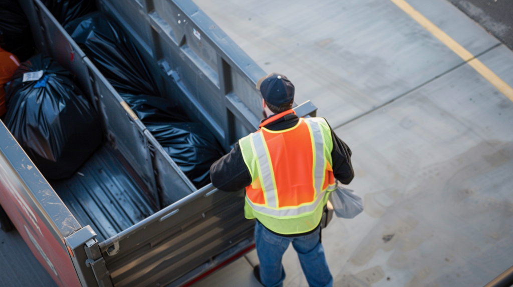 Professional valet trash team in reflective vests at apartment community